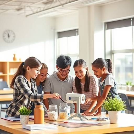Un groupe d'√©tudiants travaillant ensemble avec enthousiasme sur un projet dans une salle de classe lumineuse.